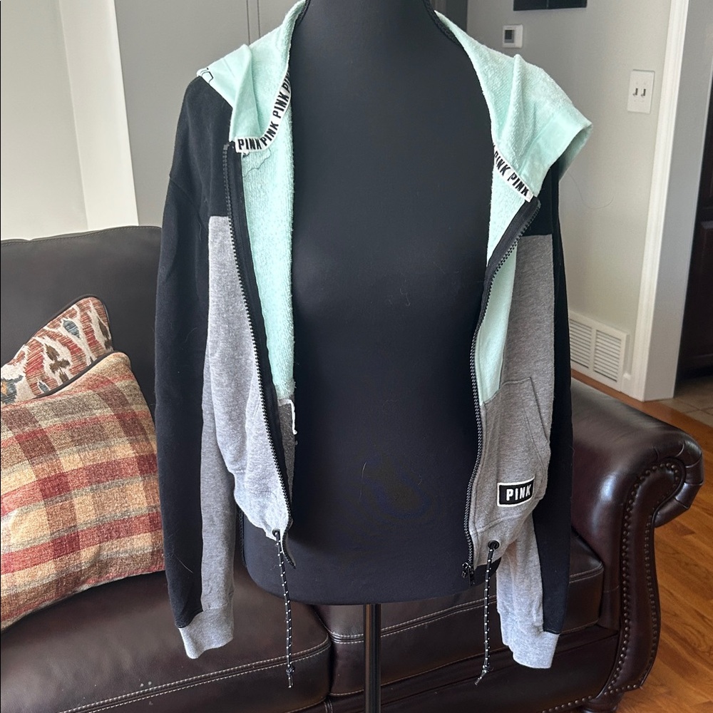 PINK Victoria's Secret Black and Mint Colorblock Hoodie